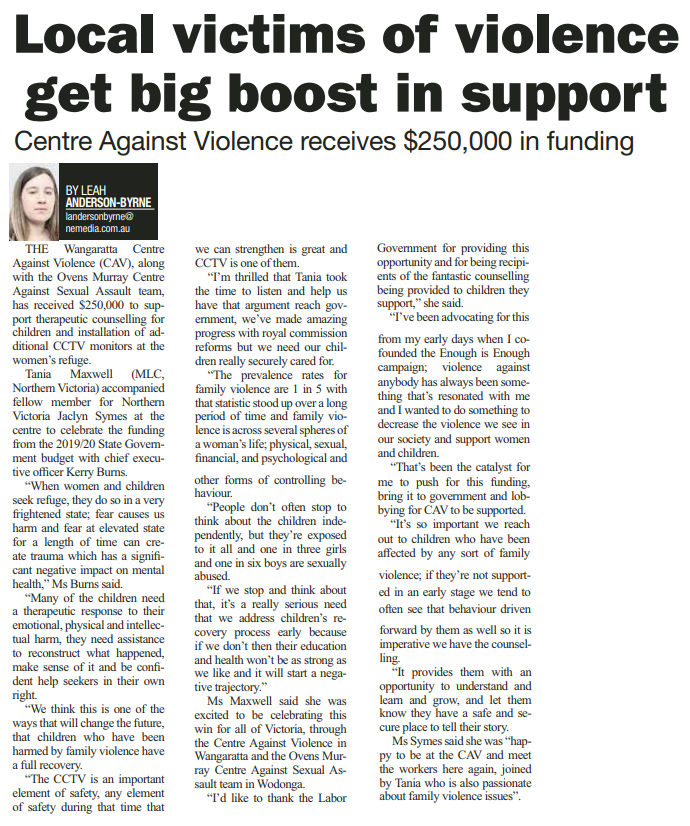 Read more about the article Wangaratta Chronicle – Local victims of violence get big boost in Support