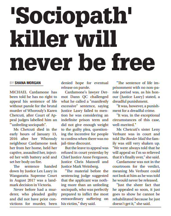 Read more about the article The Border Mail – Sociopath killer will never be free